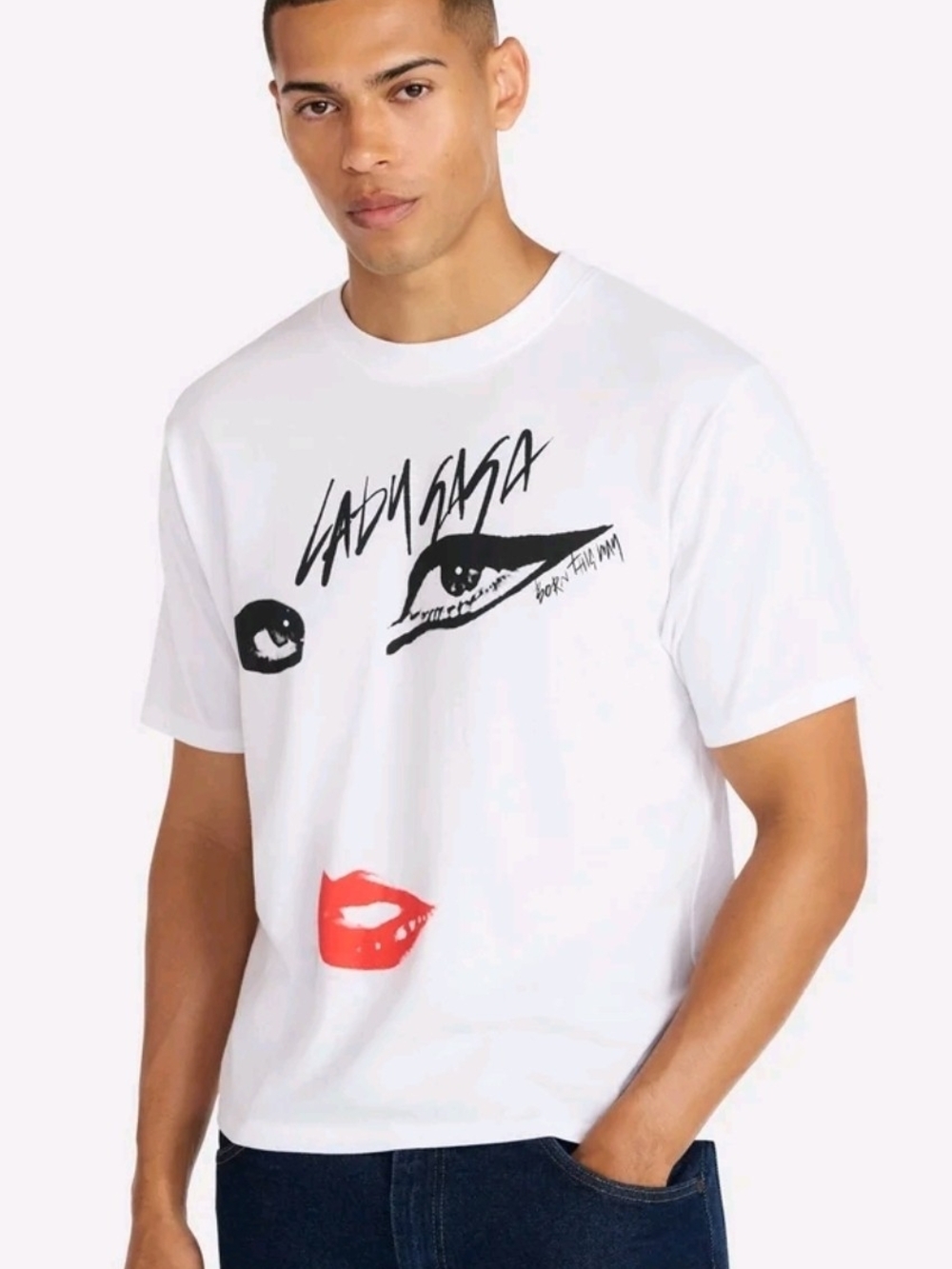 Lady Gaga Concert White Short-Sleeve Graphic Tee with Red Lip Detail Medium NWT